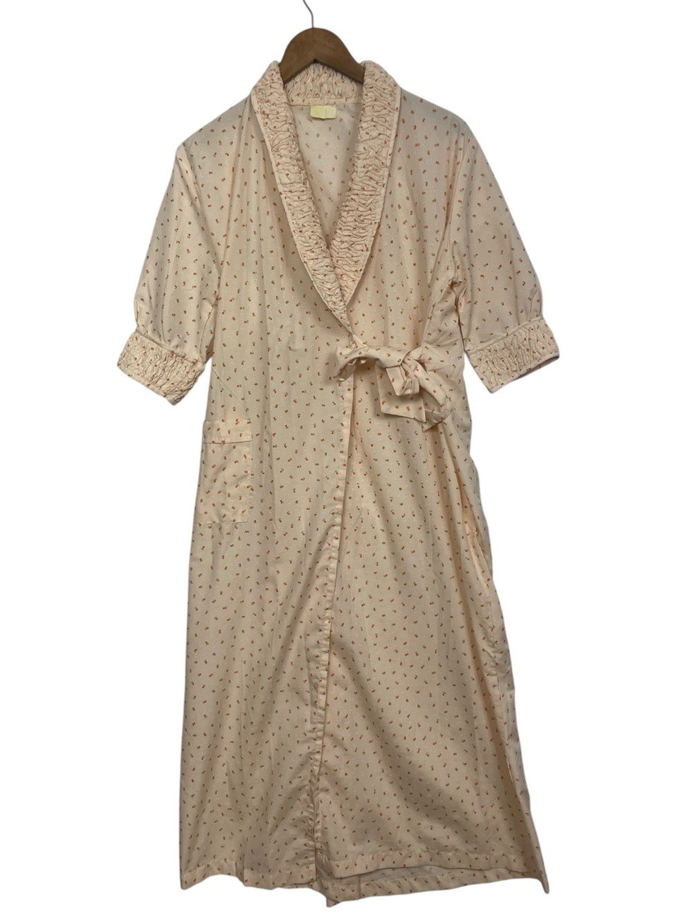 Vintage Peach Floral Smocked Wrap Robe Duster Cottagecore LG Micro Maxi Lounge
